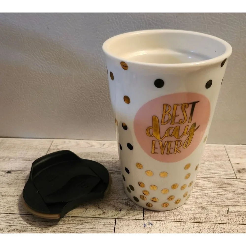Ceramic Travel Mug with Lid Best Day Ever Polka Dot Charming Charlie